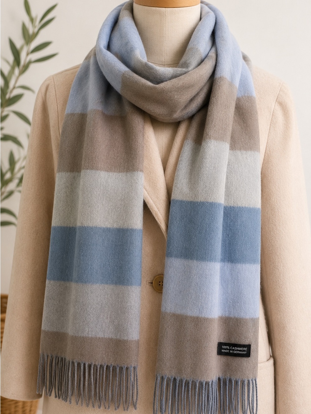 100% Cashmere Made In Germany Striped Blue and Taupe Fringe Scarf OSFM